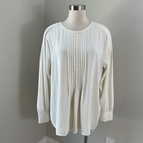 Ann Taylor Womens XL Cream Long Sleeve Pleated Blouse Back Tie Shirt Top - Picture 1 of 14